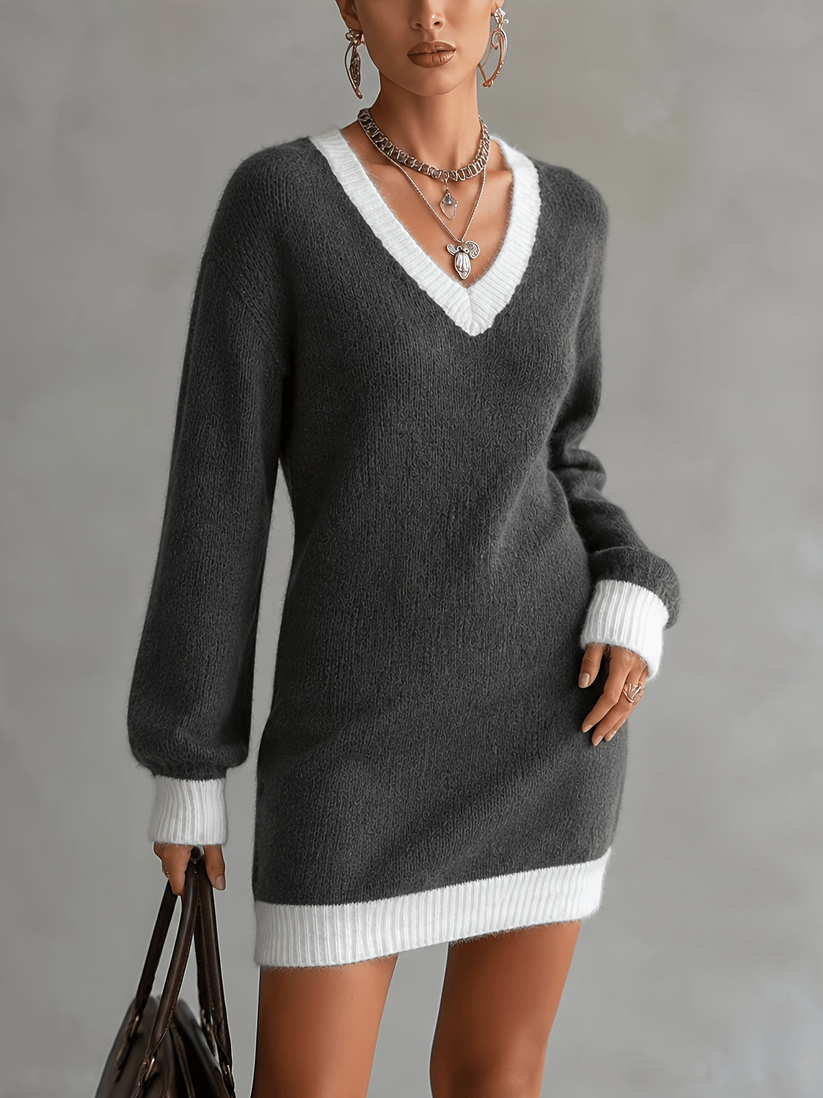 Women's Long Sleeve V-Neck Colorblock Sweater Dress, Made of Comfortable, Soft, and Skin-friendly Fabric, with a Three-dimensional Cut for an Elegant, Comfortable, Simple, and Graceful Look - Grey