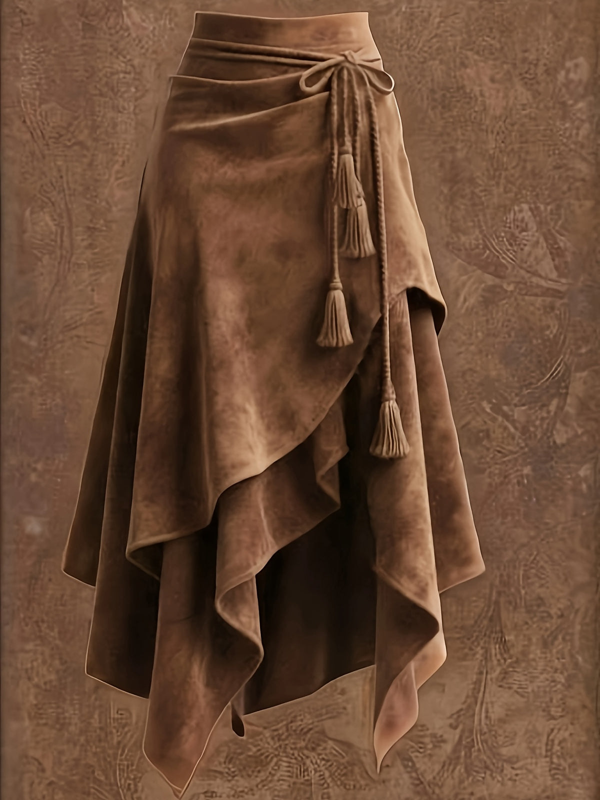 Vintage-style Irregular Midi Skirt with Waist Tie and Fringe Detail - ZLLZ - Dark Brown