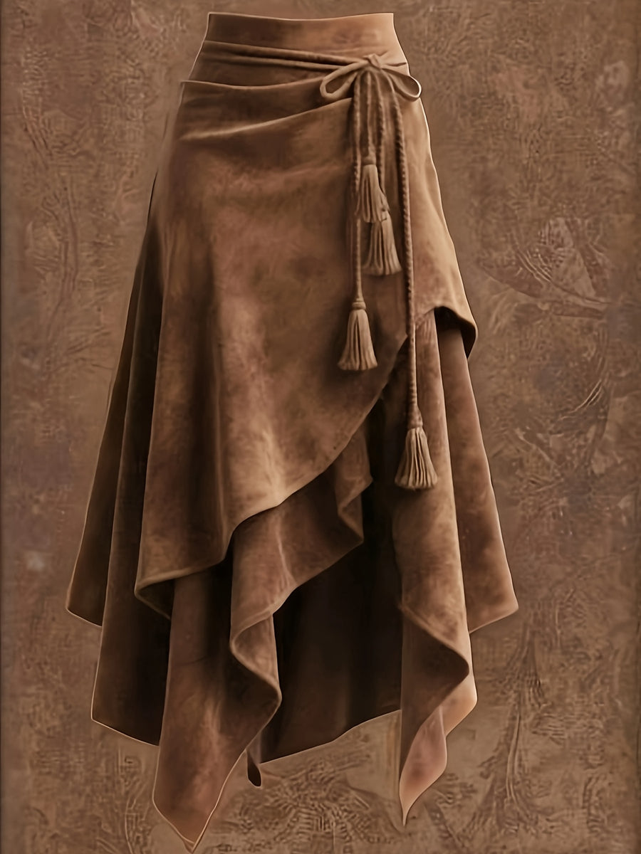 Vintage-style Irregular Midi Skirt with Waist Tie and Fringe Detail - ZLLZ - Dark Brown