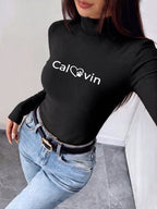 Women'S Autumn Winter New Style Semi-High Neck Fitted Top, Can Be Worn Inside Or Outside, Elastic Fabric, Soft And Skin-Friendly Warm, Easy Waist-Cinching Cut, Casual All-Match "Calvin Love Paw Print" - Black