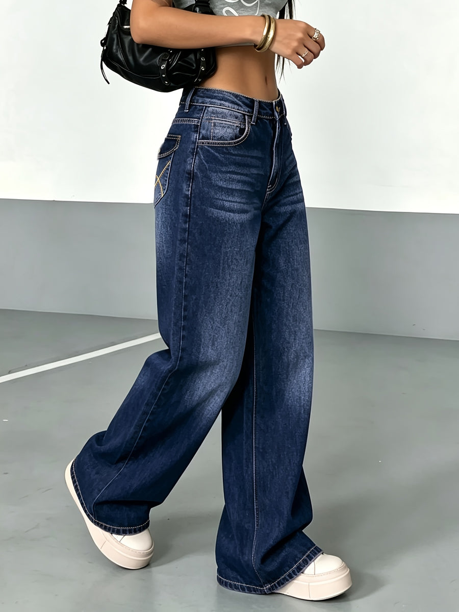 Women'S Dark Wash Flare Jeans, Stretch Denim Trousers, Vintage Casual Denim Pants for Daily Wear - Blue