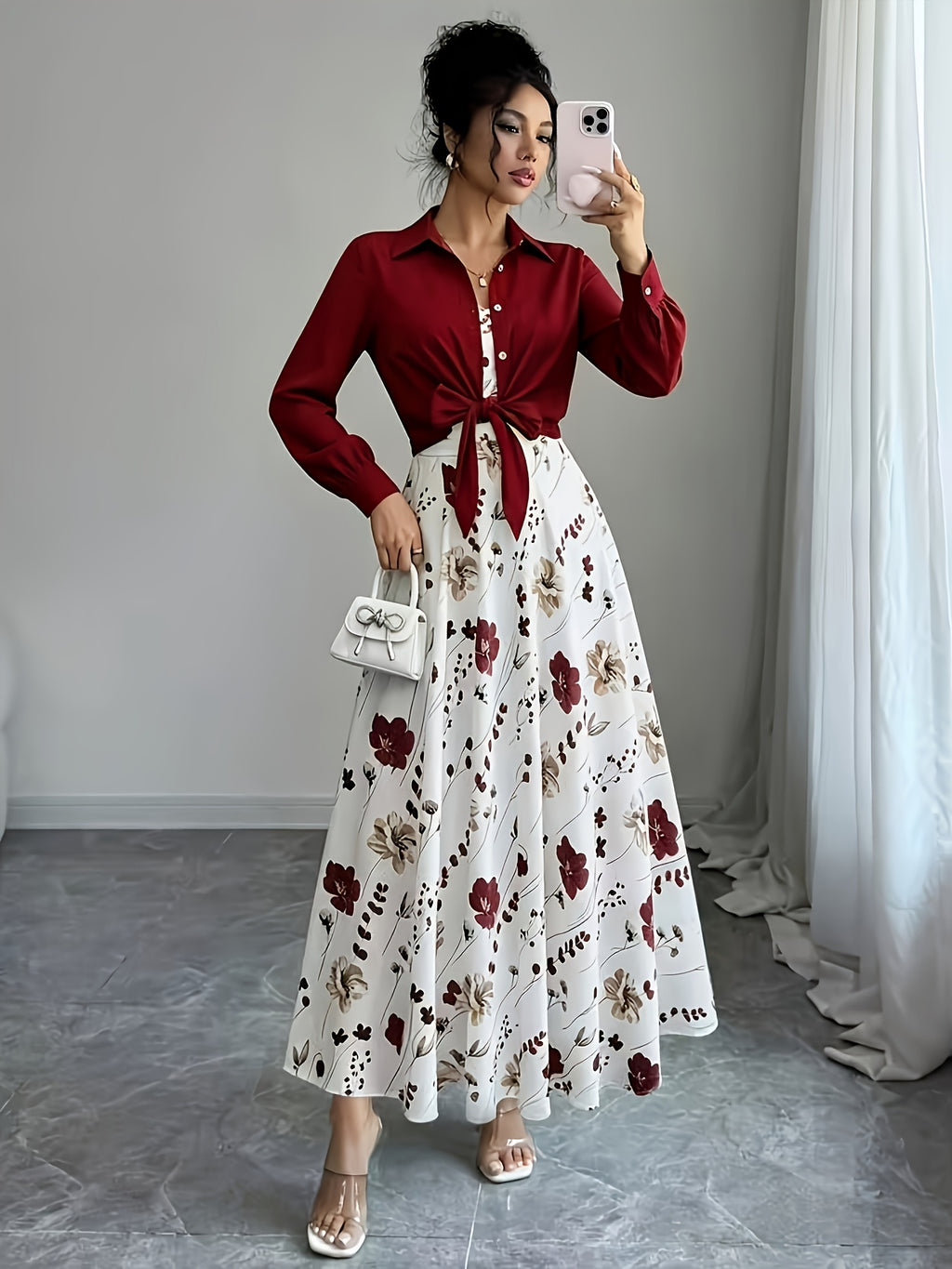 Women Wine Red Tie Front Cropped Collar Shirt + White Base Wine Floral Print Slip Flared Midi Skirt 2pcs Set, Retro Soft Outfit - Burgundy