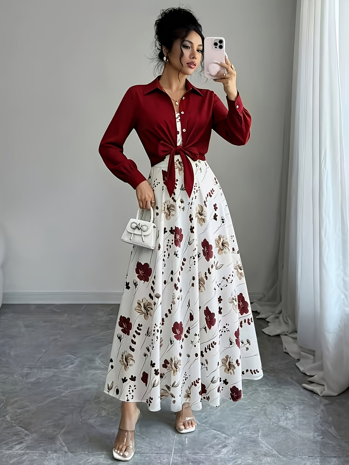 Women Wine Red Tie Front Cropped Collar Shirt + White Base Wine Floral Print Slip Flared Midi Skirt 2pcs Set, Retro Soft Outfit - Burgundy
