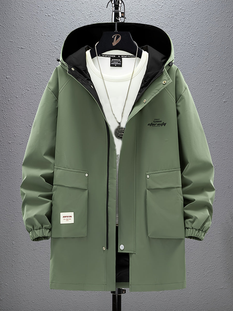 Men's Mid-Length Solid Color Hooded Trench Coat for Autumn and Winter, Suitable for Outdoor Daily Casual Fashion, Available in Black and Green - fern green