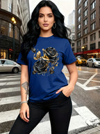 A Stylish And Breathable T-Shirt Featuring a Luxurious Vintage Design with a Black And Golden Rose Pattern, Perfect for Family Trips, Campus Events, Casual, Daily Commutes, Matching Outfits for Sisters, And Versatile Wear - Blue