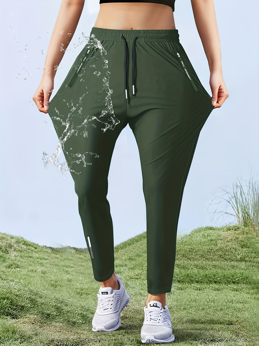 Women'S High-Elasticity Straight-Leg Fiber Pants | Casual Solid Color Long Length with Drawstring Waist, Zipper Pocket, Quick-Dry for Spring/Fall - Green