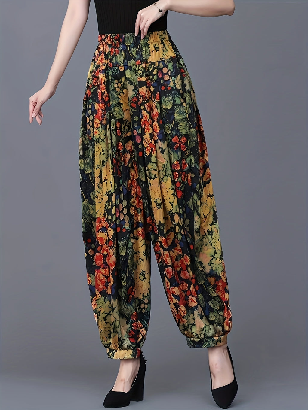 Elastic Waist Printed High Waist Wide Leg Pants - Yellow Flower