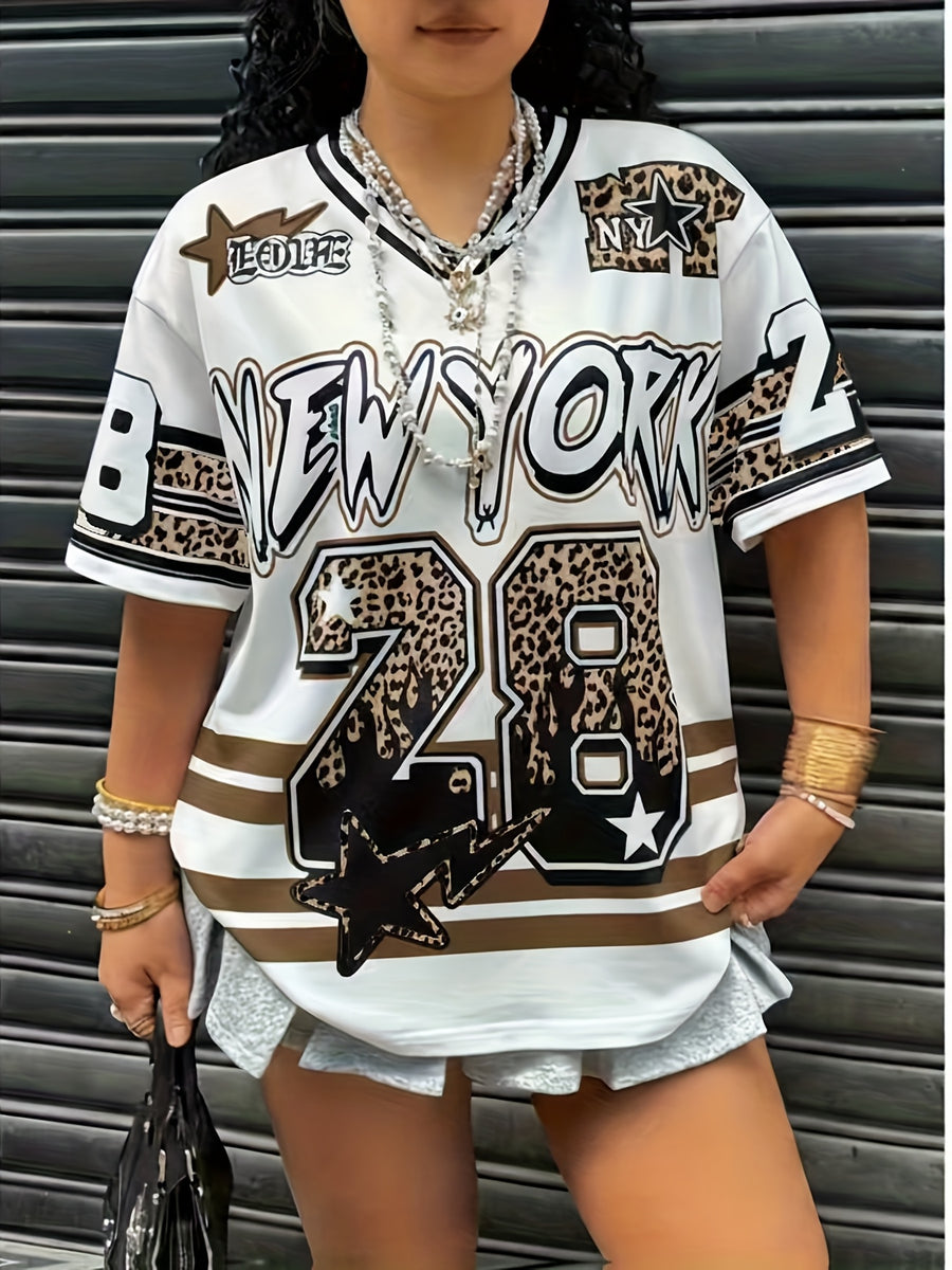 Women'S Top Casual Color-Block Striped Letter And Number Print Short Sleeve Women'S T-Shirt - Multicolor