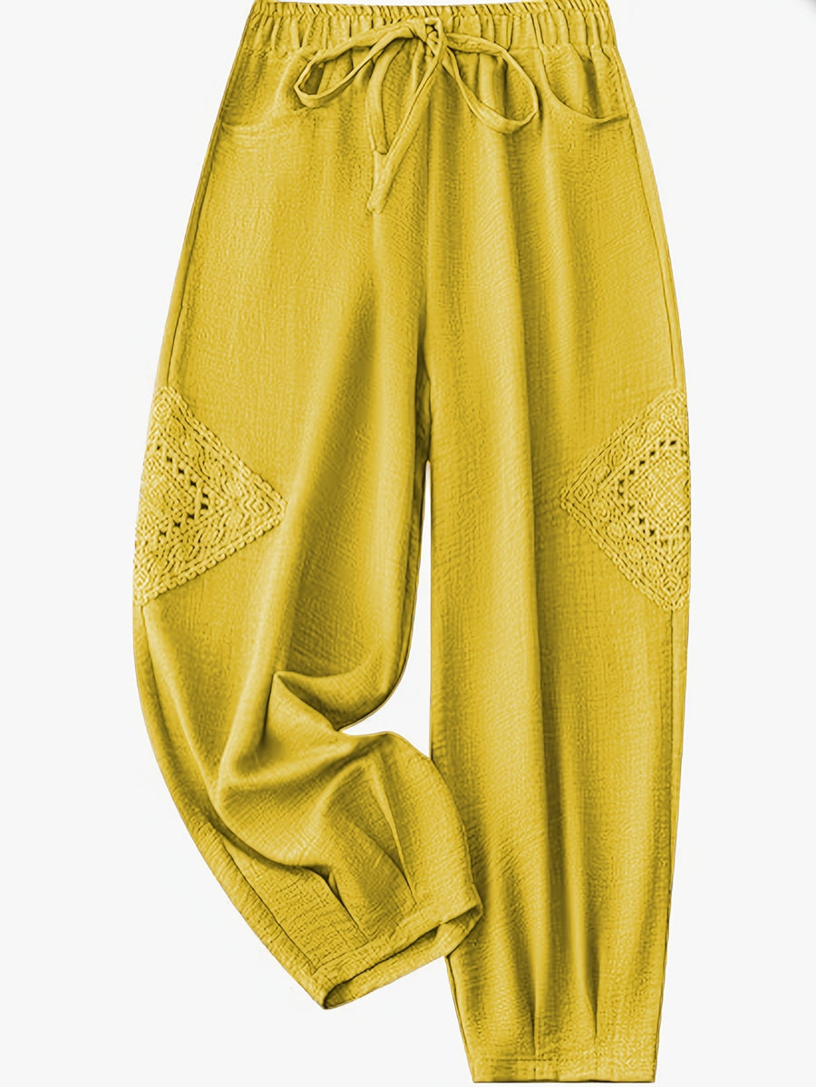 Women's Color Block Lace Casual Drawstring Waist Bow Capri Pants with Pockets - Bright Yellow