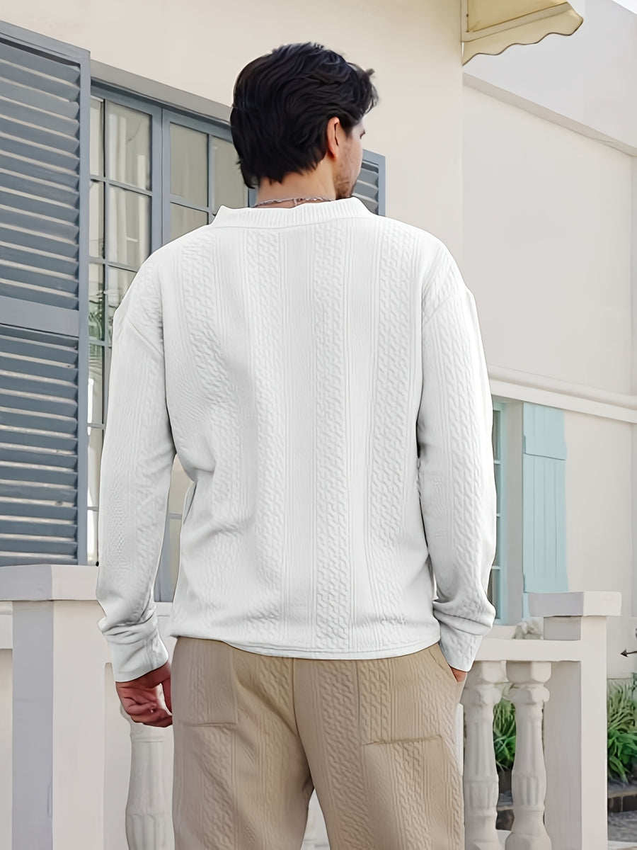 Fall Winter Men'S Casual Cable Knit Pullover, V-Neck Long Sleeve Textured Sweater with Ribbed Neckline, Cuffs, And Hem, Relaxed Everyday Top for Business Casual, Weekend, Dinner, Vacation, Travel, And Outdoor Walks - White