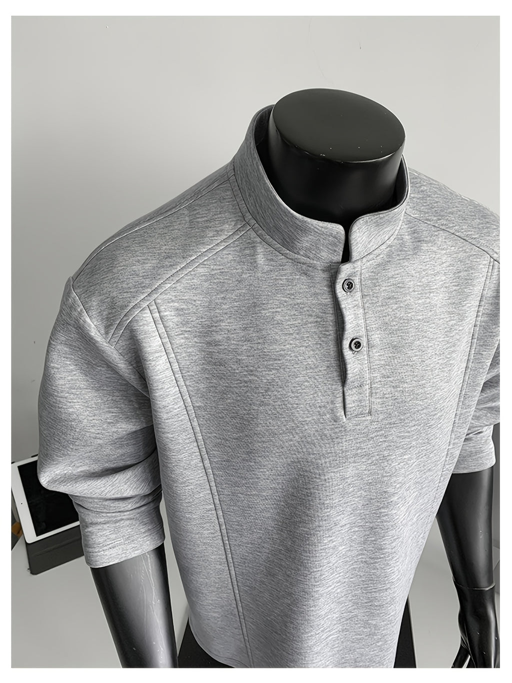 Spring/Autumn Henry Neck Long Sleeve T-Shirt, Loose Fit with Half-Open Placket Design, Versatile Commuter Base Layer, an Excellent Choice for Daily Work and Casual Vacations - Light Grey