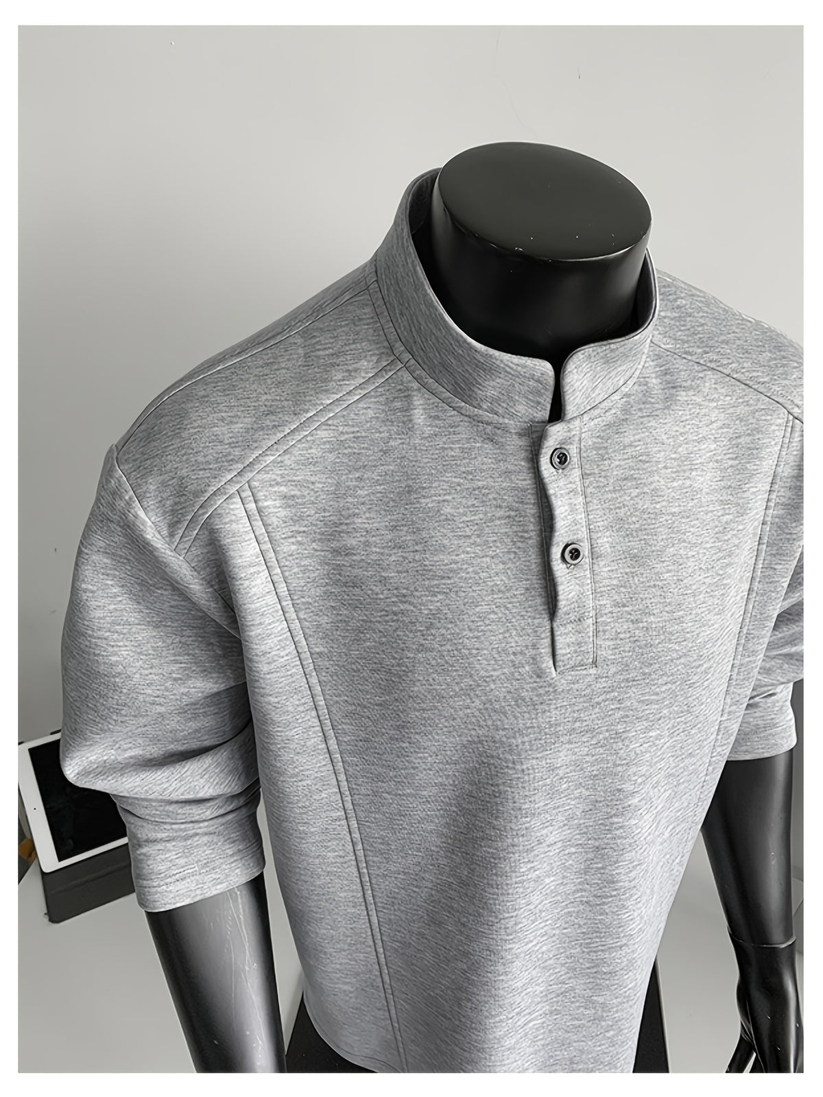 Spring/Autumn Henry Neck Long Sleeve T-Shirt, Loose Fit with Half-Open Placket Design, Versatile Commuter Base Layer, an Excellent Choice for Daily Work and Casual Vacations - Light Grey