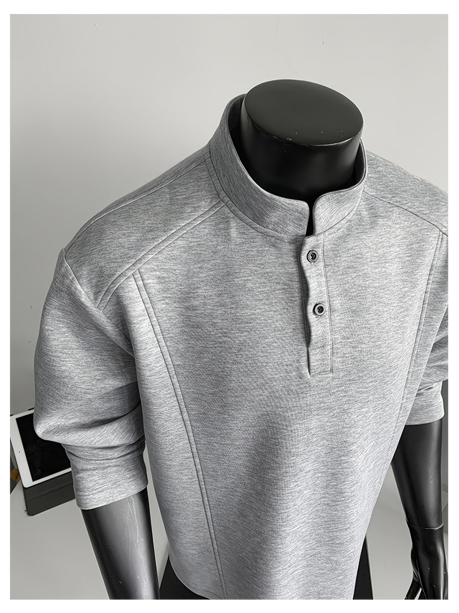 Spring/Autumn Henry Neck Long Sleeve T-Shirt, Loose Fit with Half-Open Placket Design, Versatile Commuter Base Layer, an Excellent Choice for Daily Work and Casual Vacations - Light Grey