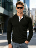 Men's Waffle Knit Henley Long Sleeve Shirts, Raglan Sleeve 3 Button Placket Crew Neck T-Shirt, Casual Slim Fit Lightweight Basic Tops for Daily Workout Outdoor Winter Clothes for Men - Black