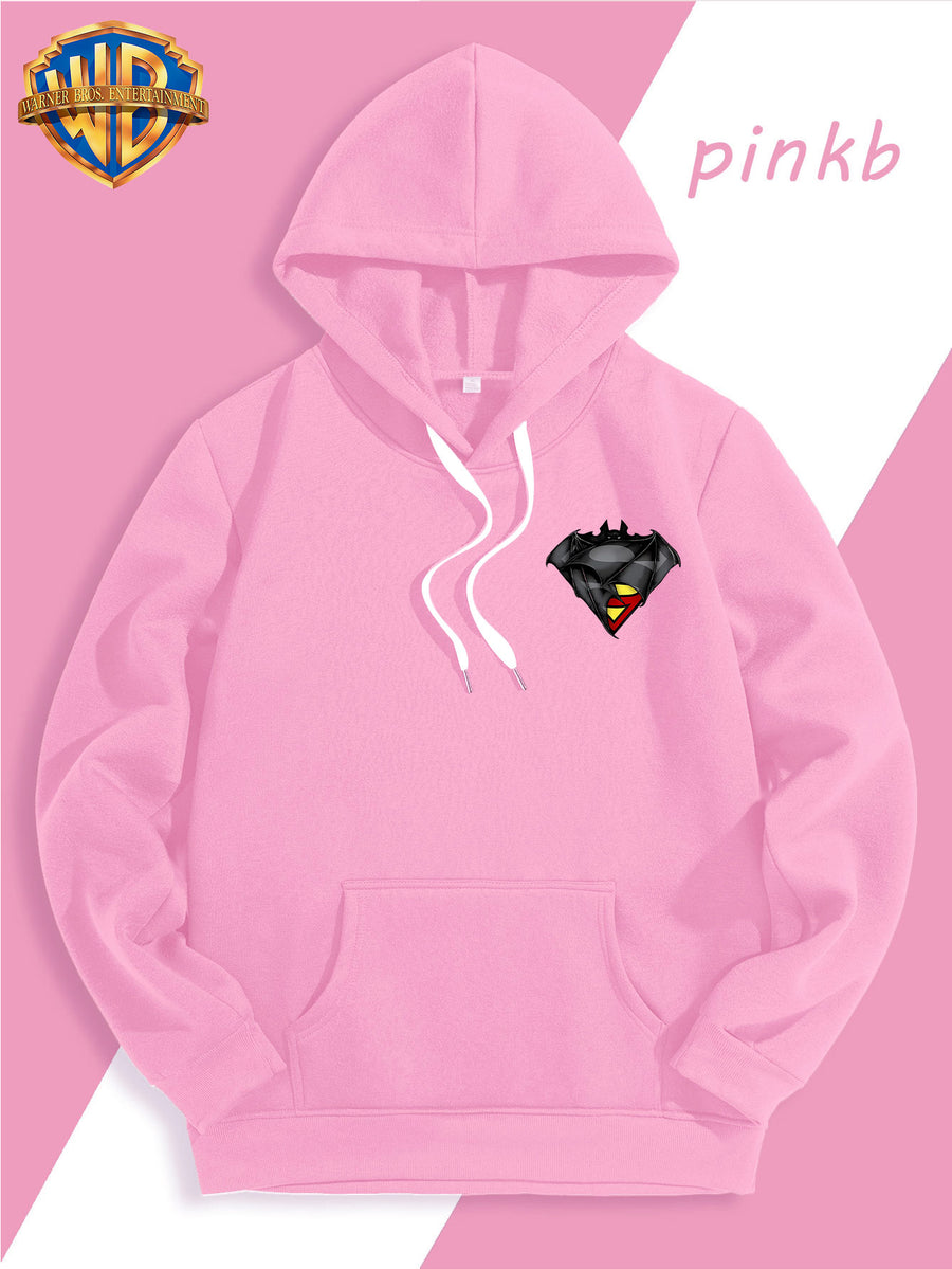 WB Warner Bros DC Official Justice League Superman-Batman Fusion Logo Hooded Sweatshirt - -Lined Hoodie Suitable for Men & Women, Unisex Couple's Gift, Adjustable Drawstring Hood, Iconic Logo Print for Casual Winter Wear, Machine Washable - Pink
