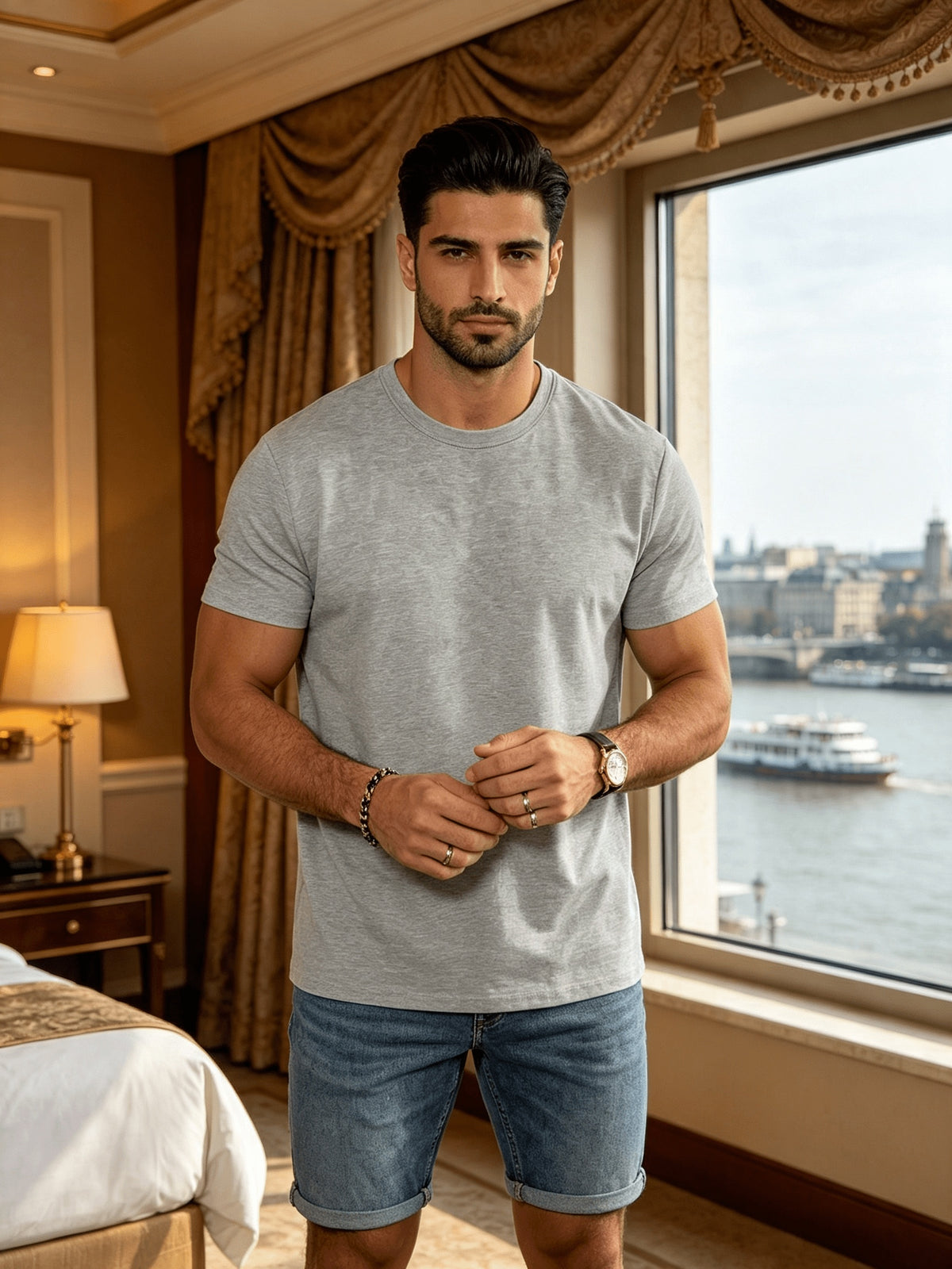 Men's Spring/Summer Solid Color T-Shirt, Short-Sleeve Top, Casual and Breathable, Suitable for Commuting and Outings, Fashionable, Trendy, Simple, and Versatile, a Casual Essential - Light Grey