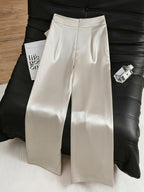 Women'S Fashion Commuter Satin Irregular Lace Bow Zipper Wide-Leg Long Pants - Beige Color