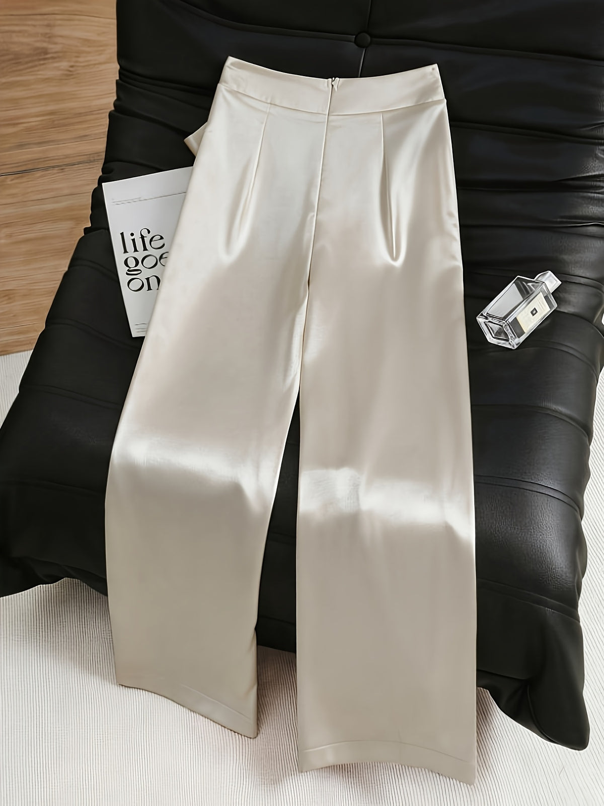 Women'S Fashion Commuter Satin Irregular Lace Bow Zipper Wide-Leg Long Pants - Beige Color