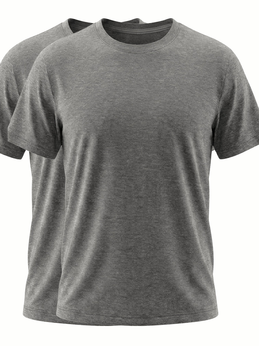 2pcs Round Neck Base Short Sleeve Top, Stretch Fabric Men'S Shirt, Western Summer Season Soft Fabric T-Shirt, Home Wear, Men'S Casual Top, Base Layer, Multi-Scene, Suitable for Various Styles, Travel, Business, Golf, Countryside Travel, Knit - Grey