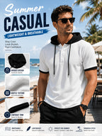 [Qiaoximei Obm] Summer Men'S High-Quality Waffle-Gore Hooded Short Sleeve T-Shirt - Individual Fashion Statement with Special Design Texture Fabric, Adjustable Drawstring And Buttons, Suitable for Gym Fitness Wear - White