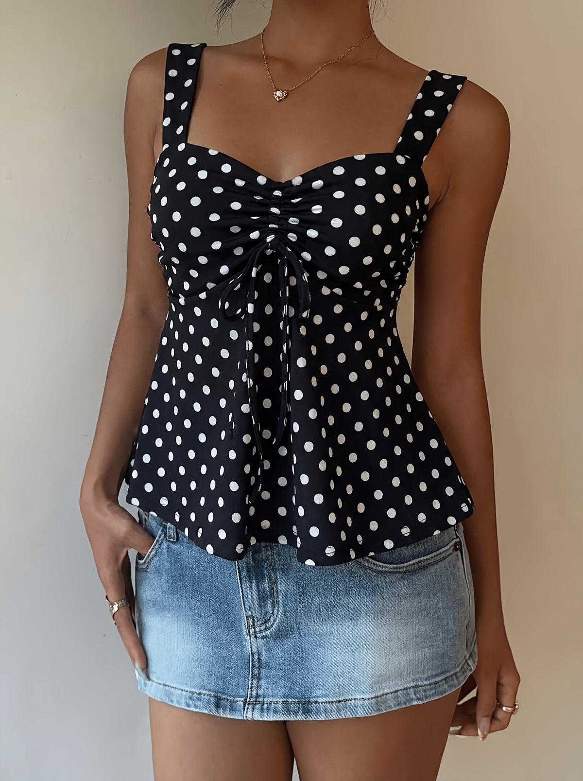 Women's Summer Drawstring Spaghetti Strap Tank Top - Black Polka Dot Print, Elegant Casual Style, Simple and Versatile, Suitable for Outdoor or Home Wear, Cute and Innocent Girly Style, Ruffled Bow Top - Black