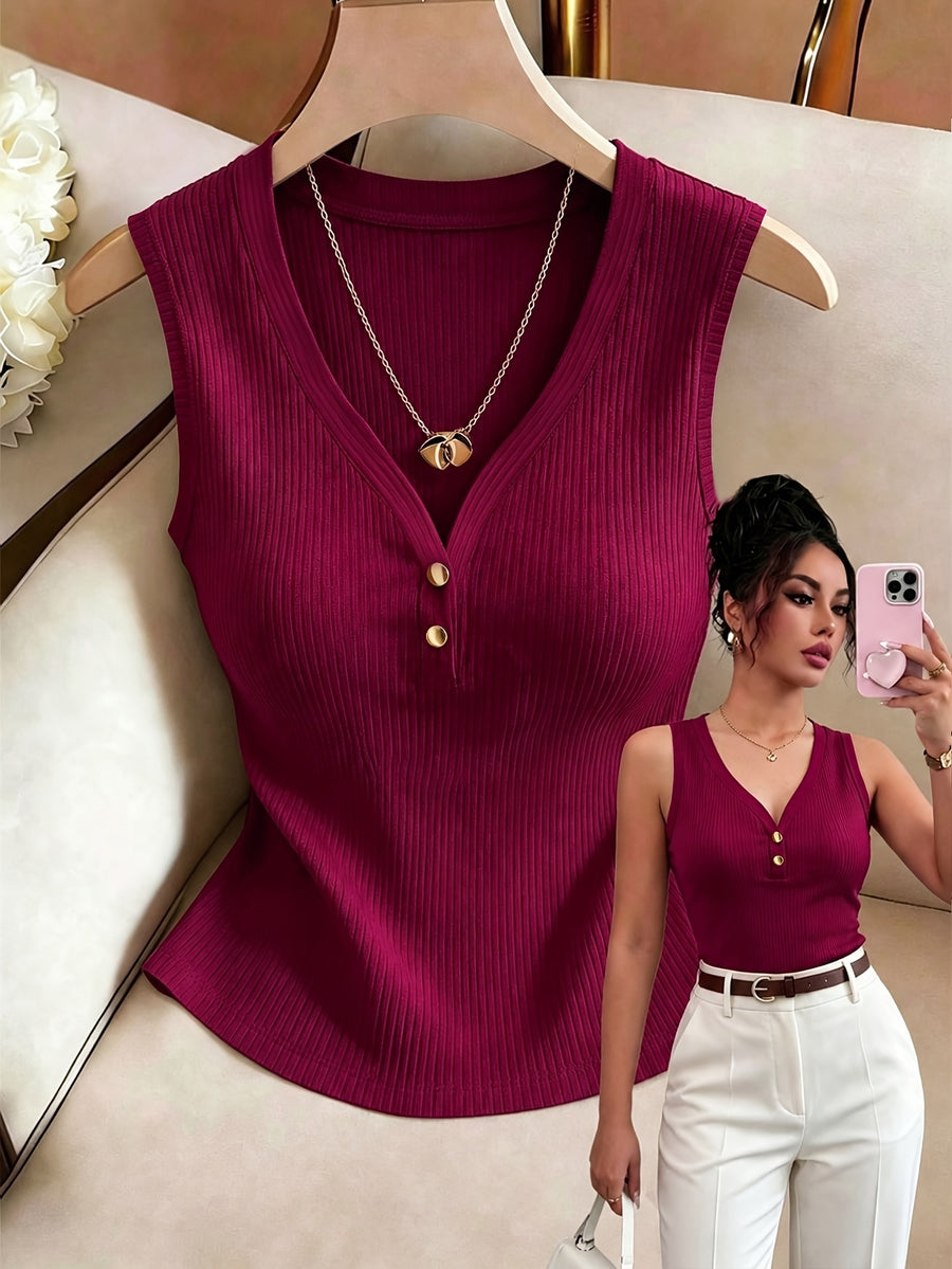Women'S Summer New French Elegant Fashion Easy Button-Decorated V-Neck Solid Color Ribbed Sleeveless Vest - Burgundy