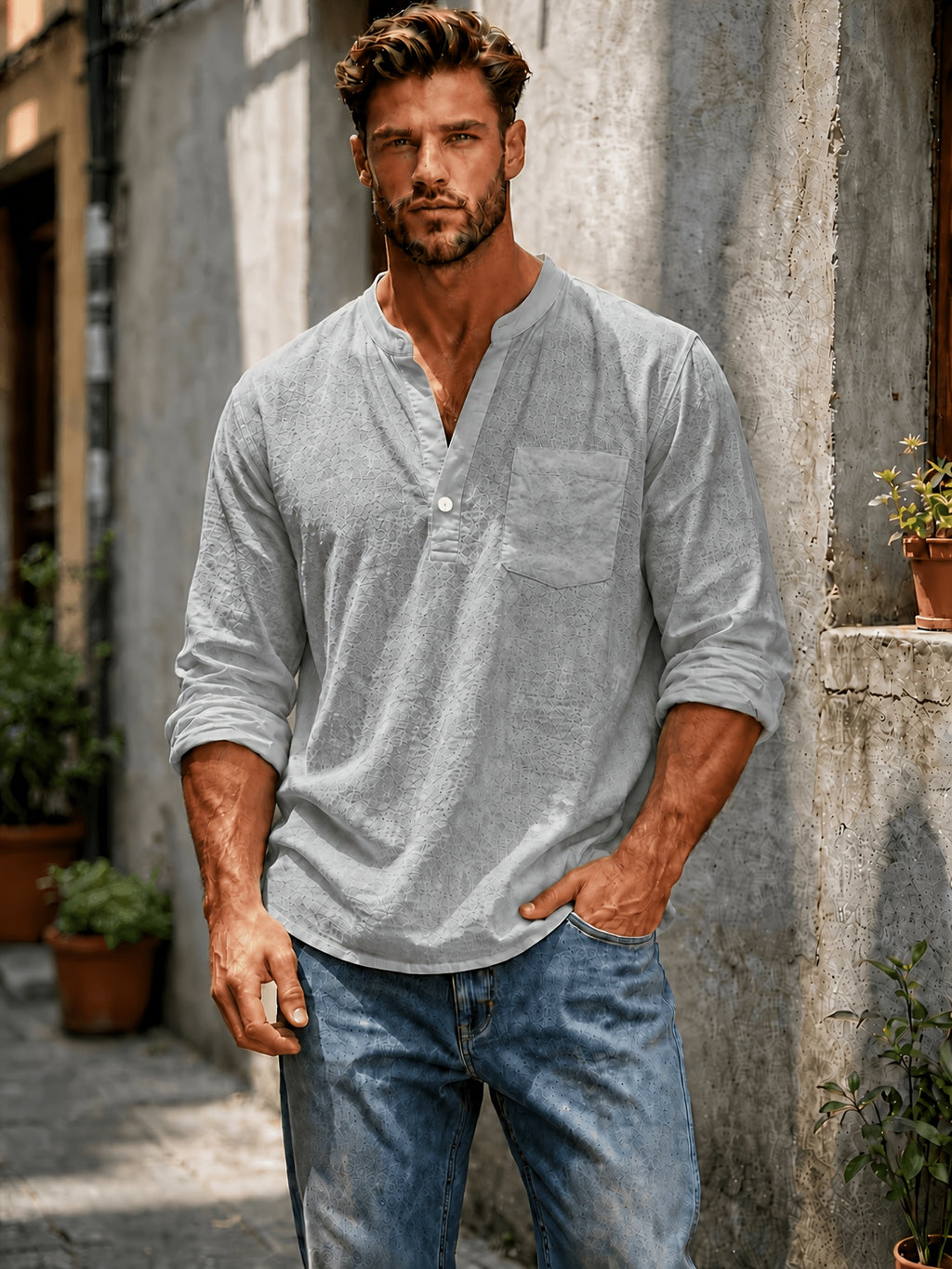 Men'S Textured Henley Shirt, Long Sleeve Casual Pullover with Stand Collar, Button Placket And Chest Pocket, Lightweight Relaxed Fit Top for Beach Vacation, Resort Travel, Weekend, Outdoor Leisure, And Daily Streetwear - Grey