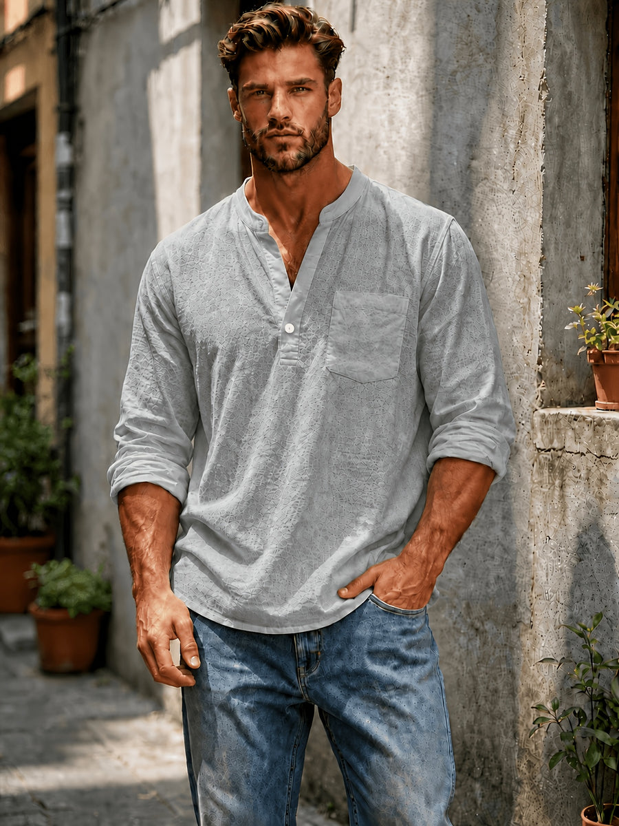 Men'S Textured Henley Shirt, Long Sleeve Casual Pullover with Stand Collar, Button Placket And Chest Pocket, Lightweight Relaxed Fit Top for Beach Vacation, Resort Travel, Weekend, Outdoor Leisure, And Daily Streetwear - Grey