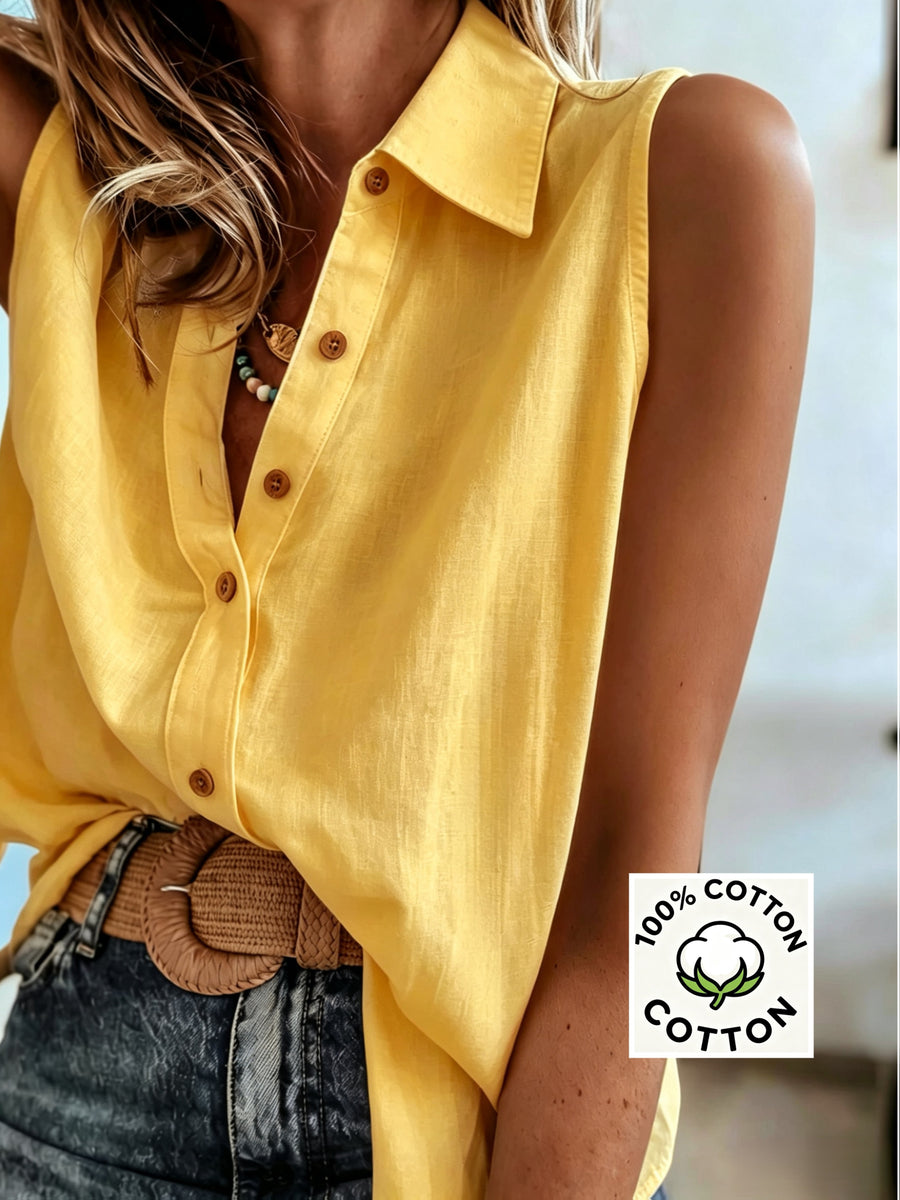European and American Style Versatile Summer New Arrival Pure Breathable Sleeveless Lapel Single-Breasted Casual Loose Vest Sleeveless Shirt for Women - Yellow