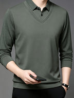 Men'S Shirt Collar Faux Two-Piece Polo Sweater, Suitable for Middle-Aged Men, Commute And Business Gatherings - SINBOS, Knit - Bean Green