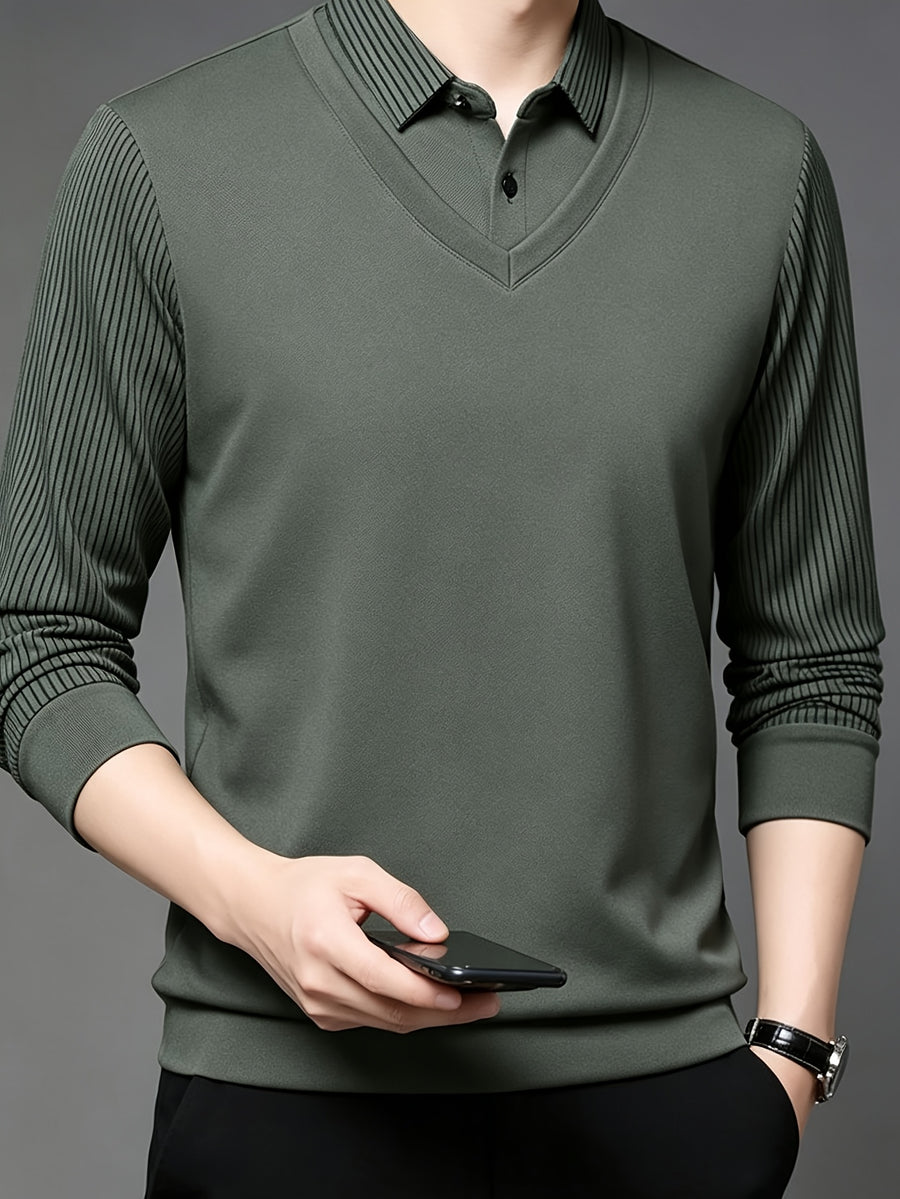 Men'S Shirt Collar Faux Two-Piece Polo Sweater, Suitable for Middle-Aged Men, Commute And Business Gatherings - SINBOS, Knit - Bean Green