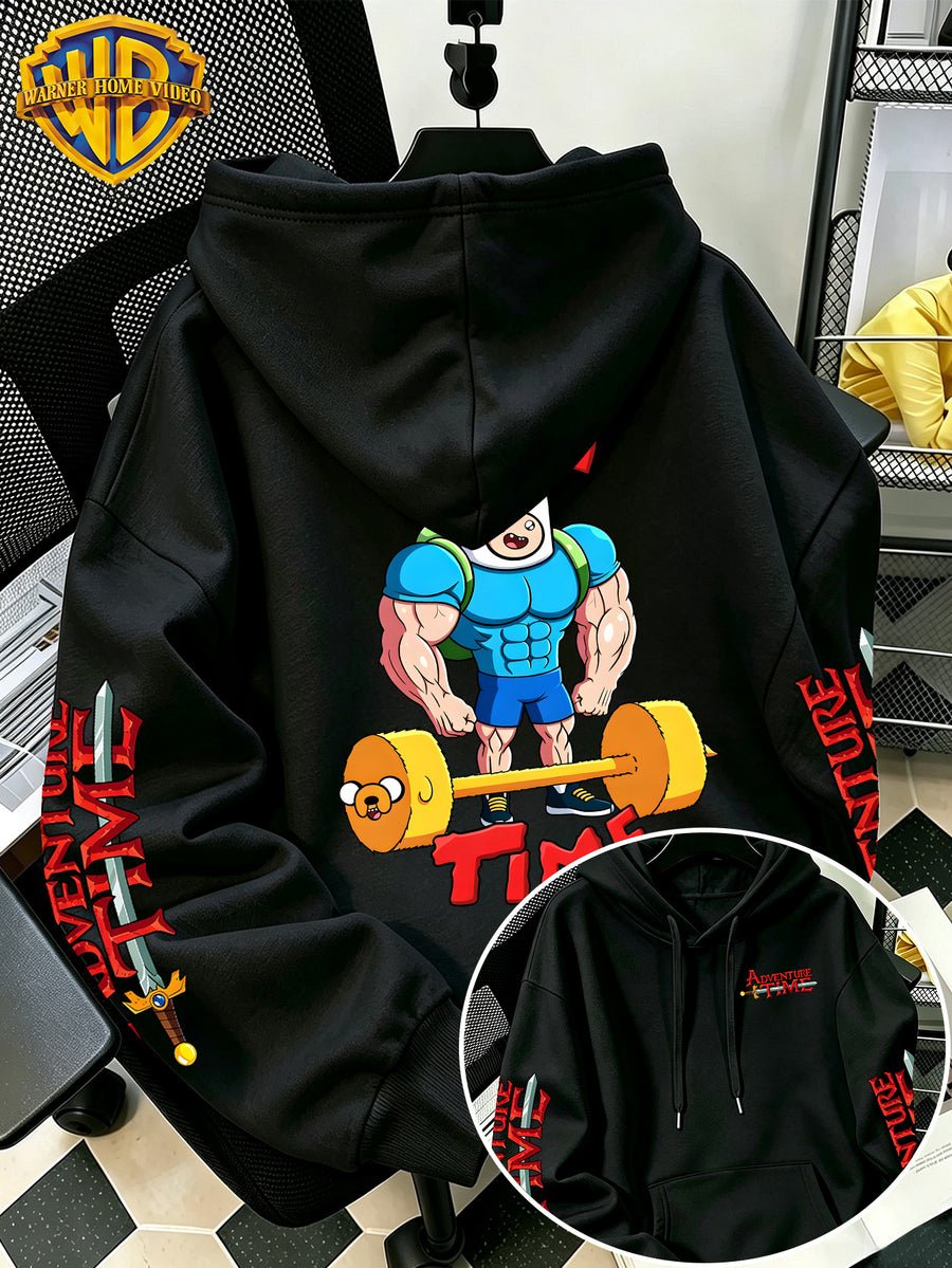 Warner Bros Official Adventure Time Finn and Jake Fitness Barbell Print Hooded Sweatshirt - Men's Casual Versatile Sweatshirt, Comfortable Autumn/Winter Wear, Ideal for Sports, Outdoor Activities, Outings, Travel, and Daily/Commute/Home Use - Black