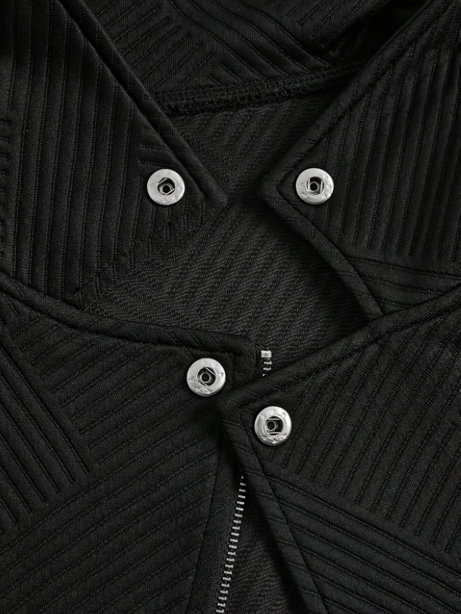Women's New Solid Color Maze Grid Zipper Button Decorated Biker Jacket, a Stylish and Elegant Commuting, Outing, and Daily Wear Casual Jacket Top, Suitable for Autumn and Winter Seasons - Black