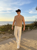 Men'S Sleeveless V-Neck Knitted Vest, Ribbed Casual Summer Top - Khaki