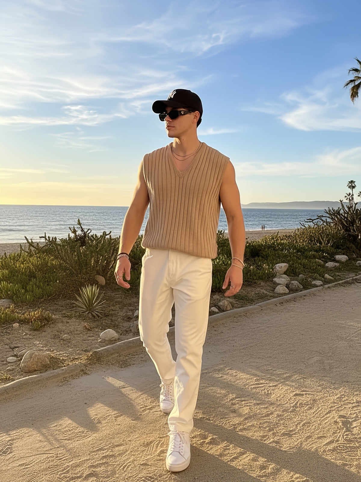 Men'S Sleeveless V-Neck Knitted Vest, Ribbed Casual Summer Top - Khaki