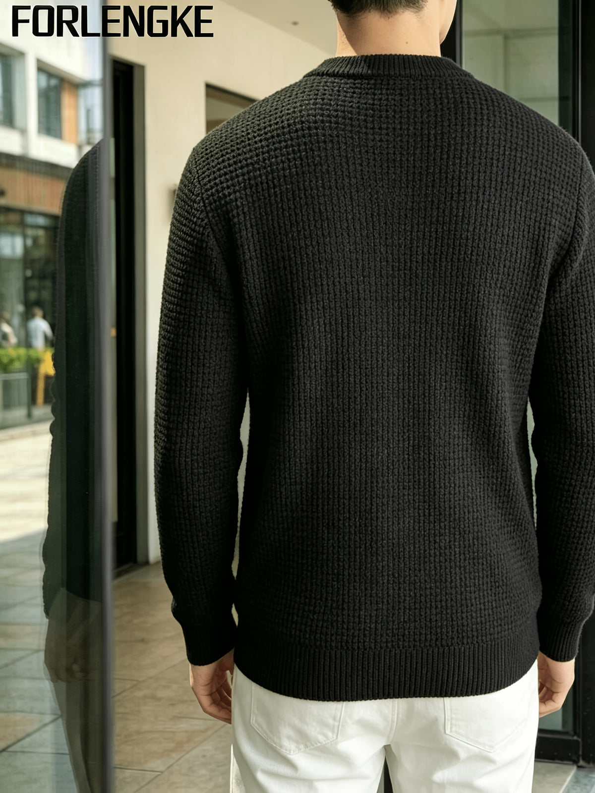 FORLENGKE Autumn/Winter New Arrival Men's American Manor Vintage Style Henley Neck Knit Sweater, Vertical Cable Waffle Knit Patchwork Texture, Regular Shoulder Fitted Cut, Autumn/Winter Manor Vacation Countryside Stroll Coffee Break Daily Streetwear - Black