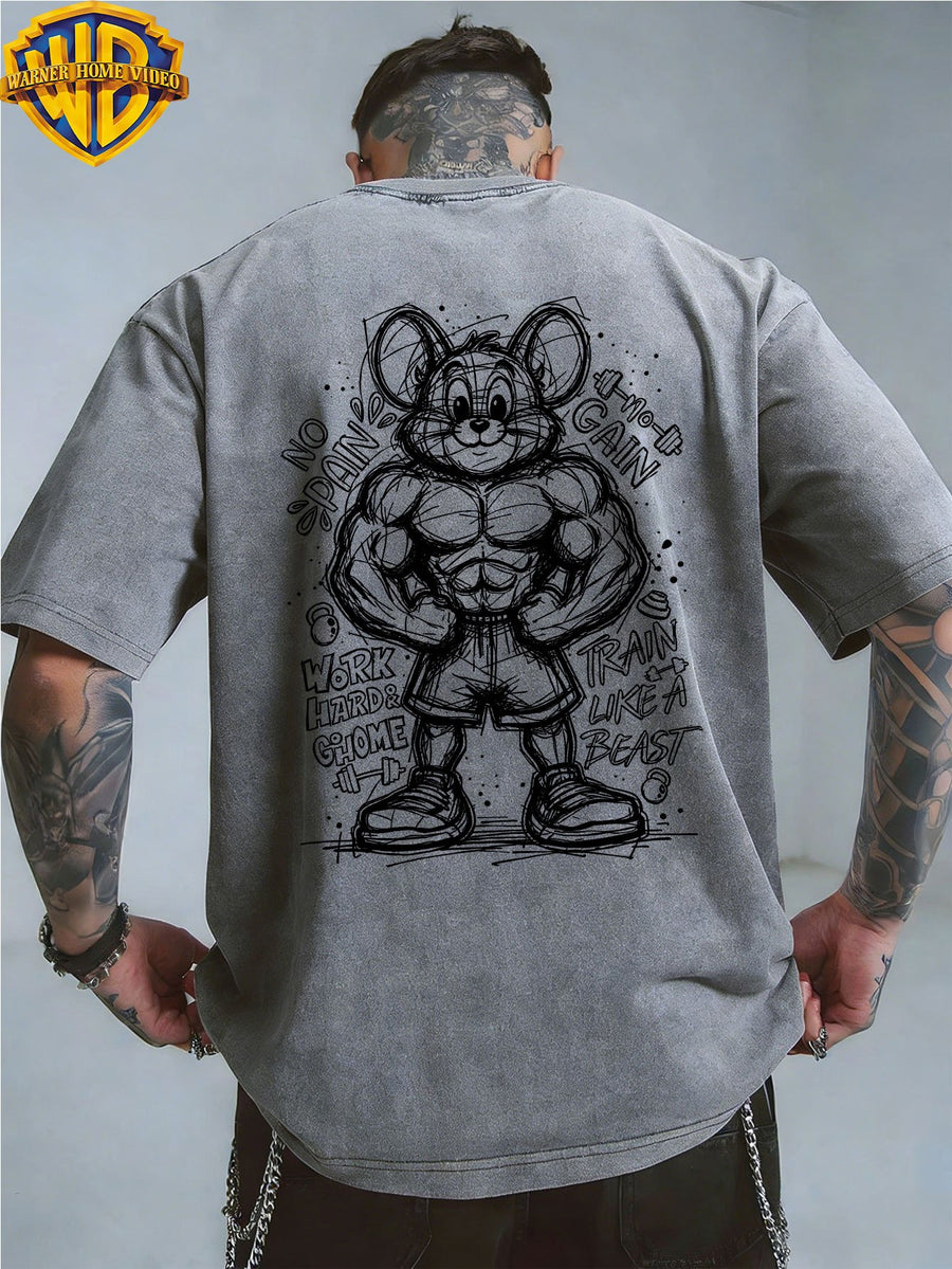Warner Bros Official Muscle Fitness Mouse Doodle Sketch Print Washed Distressed Short-Sleeve T-Shirt, American Vintage Casual Top, Men's Casual Comfortable Versatile Loose T-Shirt, Suitable for Outdoors and Gym - Grey