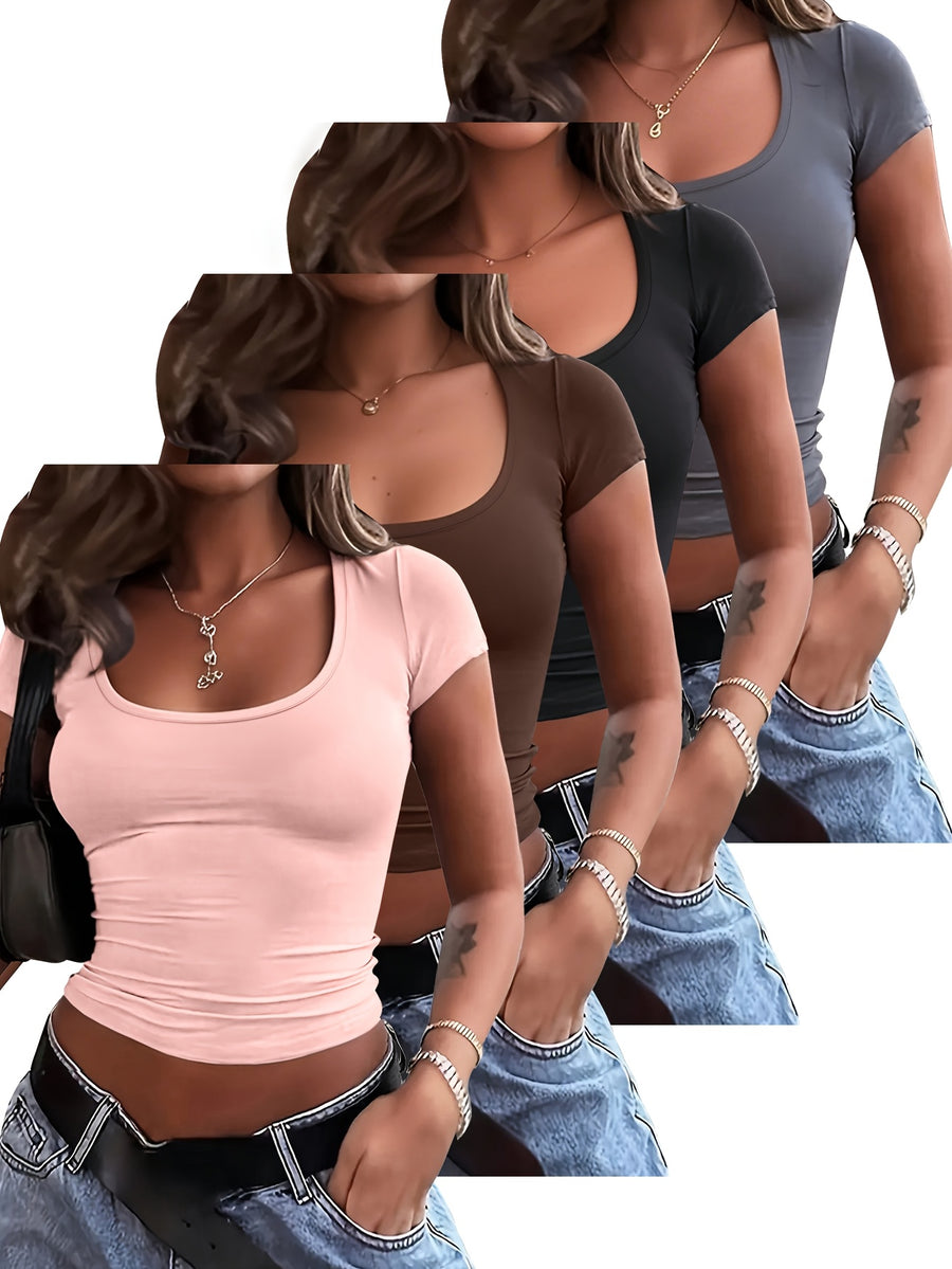4pcs Set U-Neck Short-Sleeved T-Shirt Women'S Summer New Solid Color Slim Short All-Match Top - Pink+brown+black+dark gray