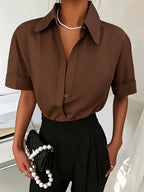Women's Solid Color Elegant Neckline Short Sleeve Shirt - Coffee Brown