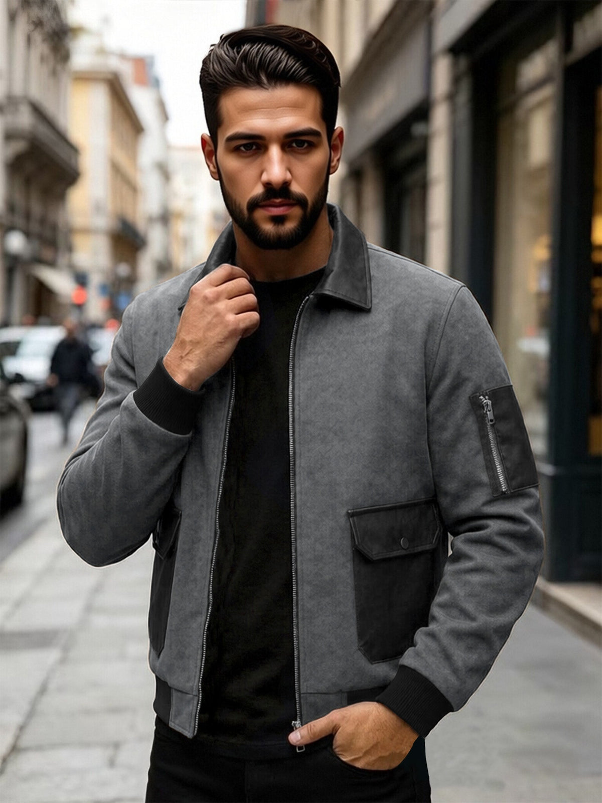 EXARUS American Retro Men'S Lapel Jacket, Patchwork Cargo Zipper Coat, Western Street Trendy Top. Delicate Contrast Color Pockets, Chest Button-Up Pouch And Arm Zippered Sleeve Pockets, Brown And Gray Available, Loose Fit - Grey