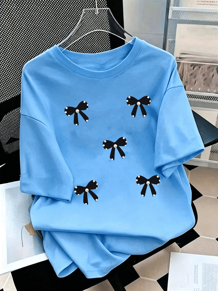 Black Bow Pearl Graphic Print Short-Sleeve T-Shirt, Comfortable Casual Top, Multiple Sizes Available, Perfect for Daily Wear And Weekend Outdoor - Deep Sky Blue