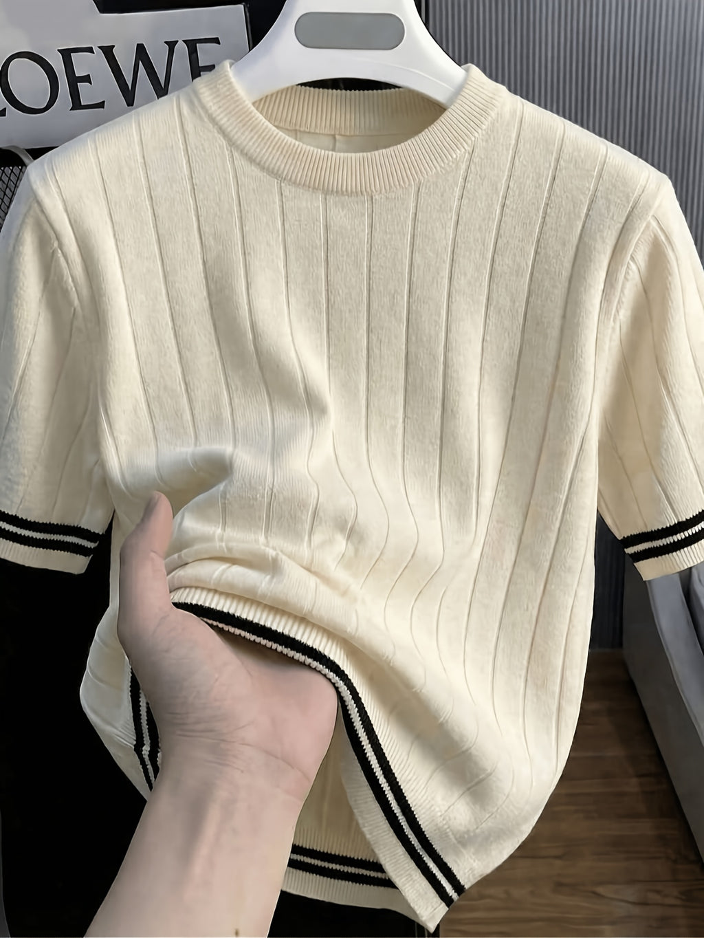 Men's Color-Block Striped Trim Vertical Ribbed Short-Sleeve Knit Shirt, Summer Slim Fit Crew Neck Fiber Fabric Touch Knit T-Shirt - Apricot