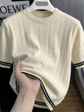Men's Color-Block Striped Trim Vertical Ribbed Short-Sleeve Knit Shirt, Summer Slim Fit Crew Neck Fiber Fabric Touch Knit T-Shirt - Apricot