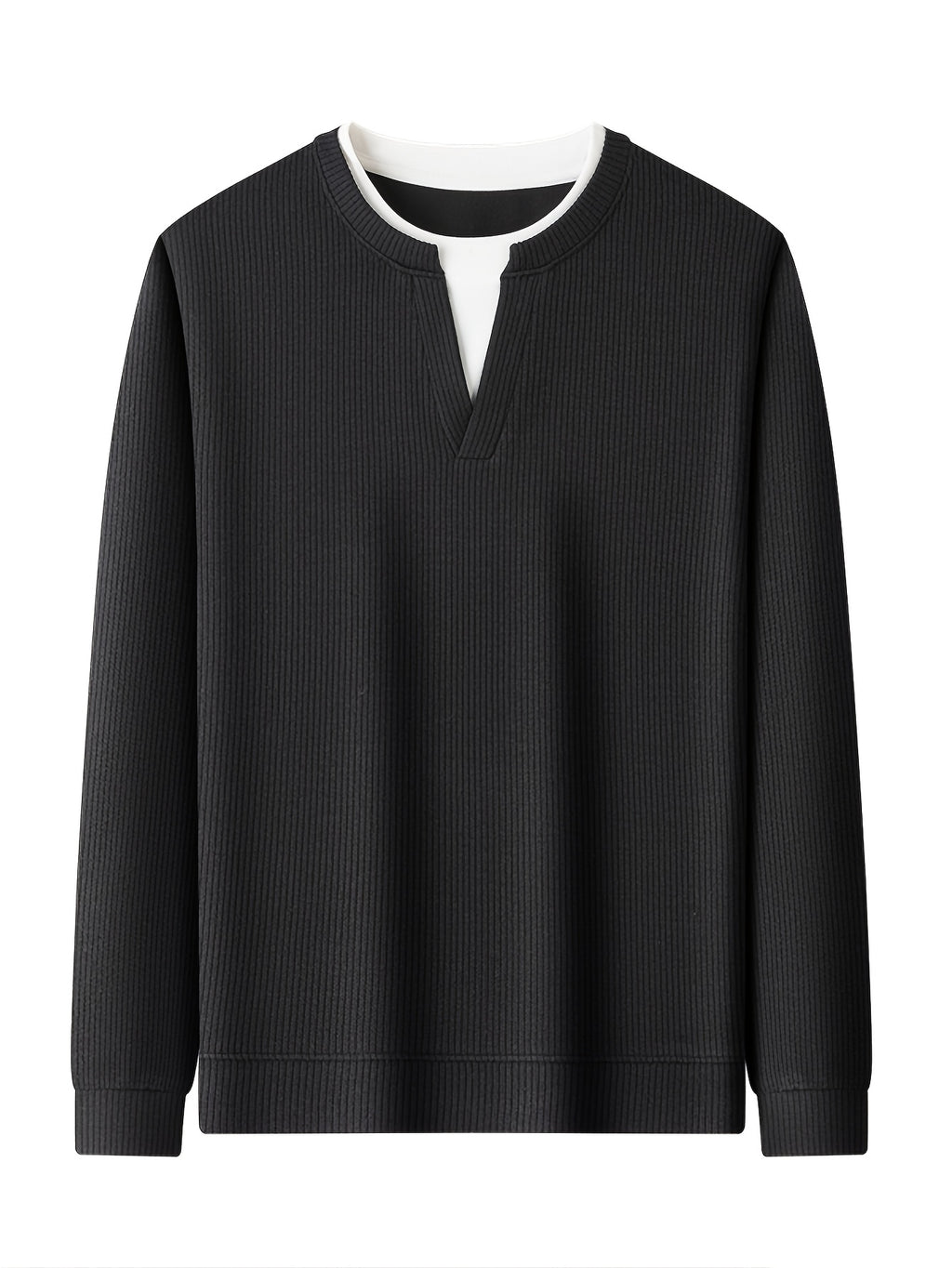 Spring And Autumn Men'S Pinstripe Knit Faux Two-Piece Sweatshirt Easy Small Lapel Fit Comfortable Skin-Friendly Casual Commuting Long Sleeve Pullover Sweater - Blue Black