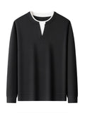 Spring And Autumn Men'S Pinstripe Knit Faux Two-Piece Sweatshirt Easy Small Lapel Fit Comfortable Skin-Friendly Casual Commuting Long Sleeve Pullover Sweater - Blue Black