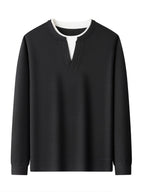 Spring And Autumn Men'S Pinstripe Knit Faux Two-Piece Sweatshirt Easy Small Lapel Fit Comfortable Skin-Friendly Casual Commuting Long Sleeve Pullover Sweater - Blue Black
