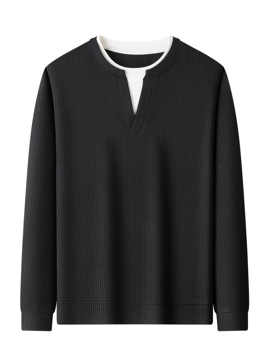 Spring And Autumn Men'S Pinstripe Knit Faux Two-Piece Sweatshirt Easy Small Lapel Fit Comfortable Skin-Friendly Casual Commuting Long Sleeve Pullover Sweater - Blue Black