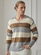 New Autumn/Winter Men's and Youth Striped V-Neck Pullover Knit Long-Sleeve Casual Beachwear Top for Men - Khaki