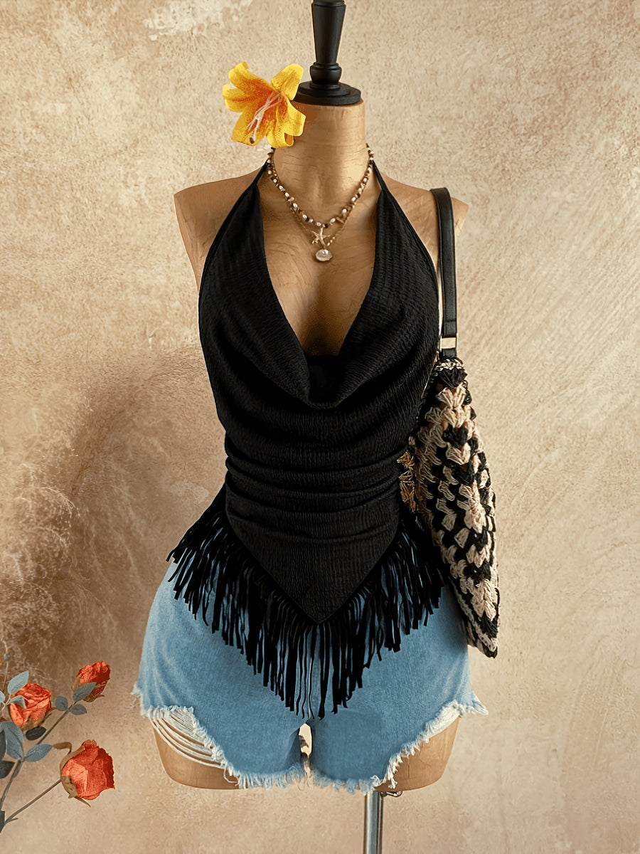 Halter Neck Deep V Tassel Camisole, Hot Style Slim Fit Ruched Top, Vacation Style Personalized Decorative Vest, Women'S Vacation Casual Backless Sleeveless Top, Tassel Hem, Can Be Worn Inside Or Out, Suitable for All Seasons - Black