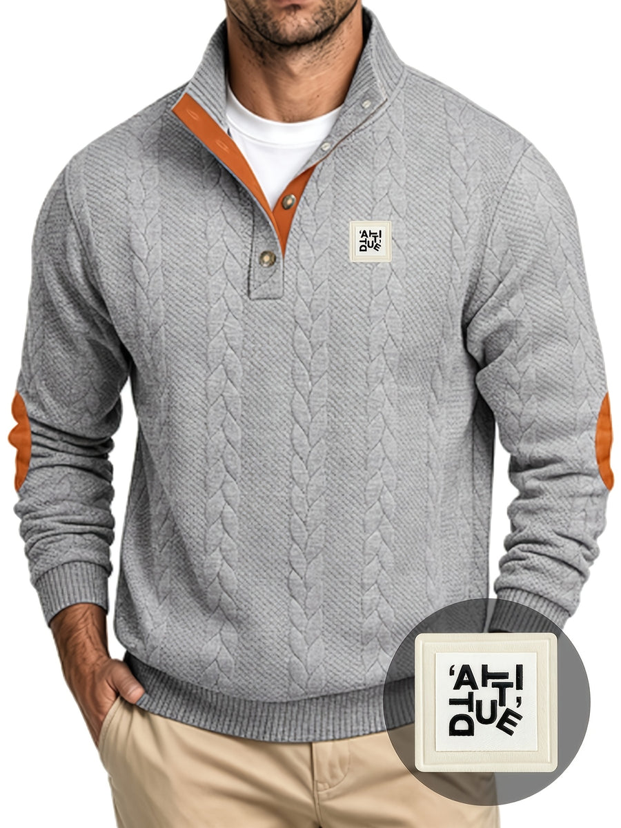Men'S Casual Long Sleeve Knit Sweater, Textured Cable And Diamond Pattern, Stand Collar with Button Placket, Contrast Elbow Patch Details, Ribbed Cuffs And Hem, Ideal for Fall Winter Work, Travel, Golf And Daily Wear - Light Grey